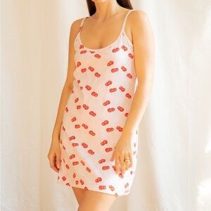 Vintage Y2K cotton baby pink and red cherry all-over print slip dress.